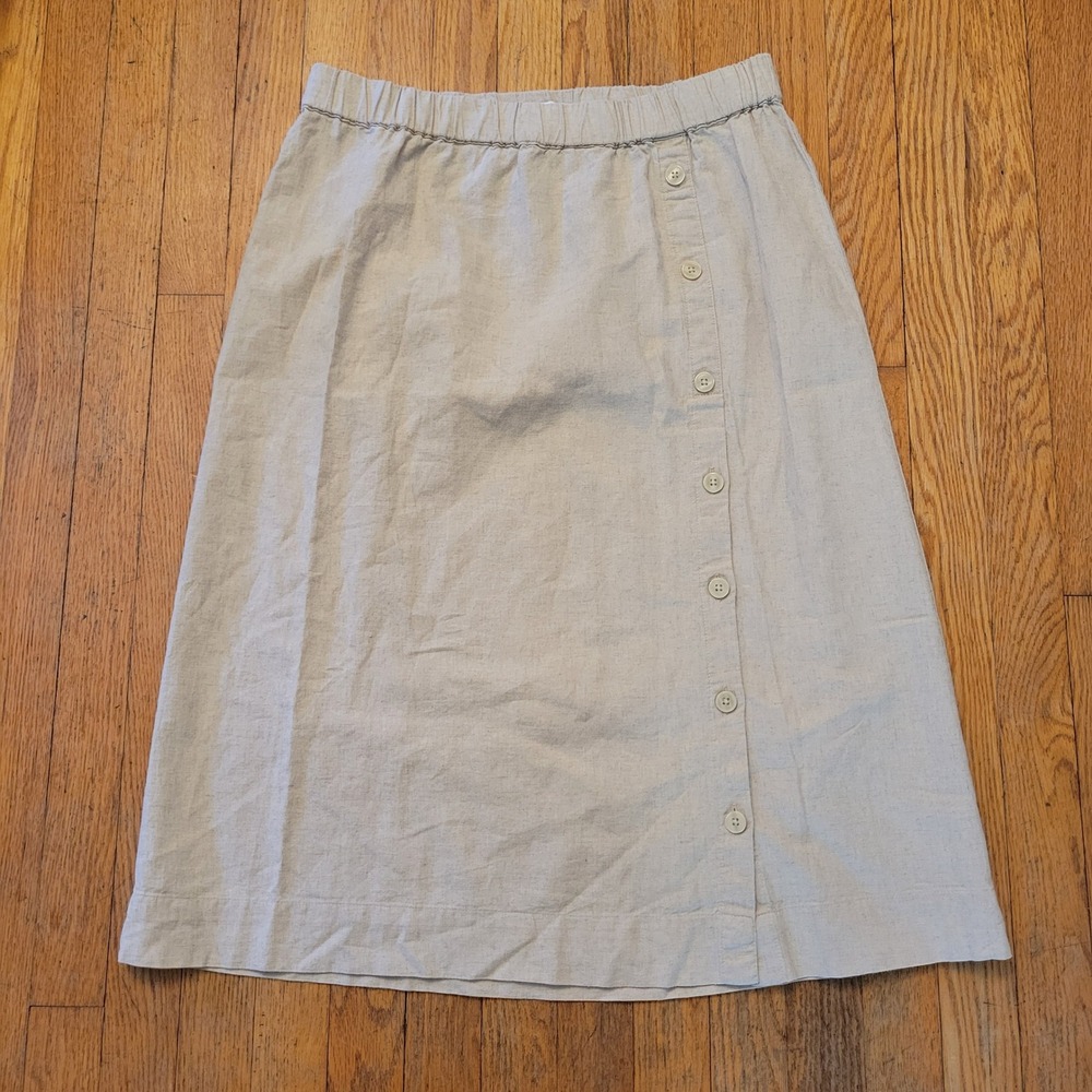 Kim Rogers M Midi Skirt Tan Linen Elastic Waist Faux Button Down‎ Earthy Granola
